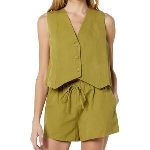 Olive Oil Green Linen Sleeveless Vest and Shorts Set